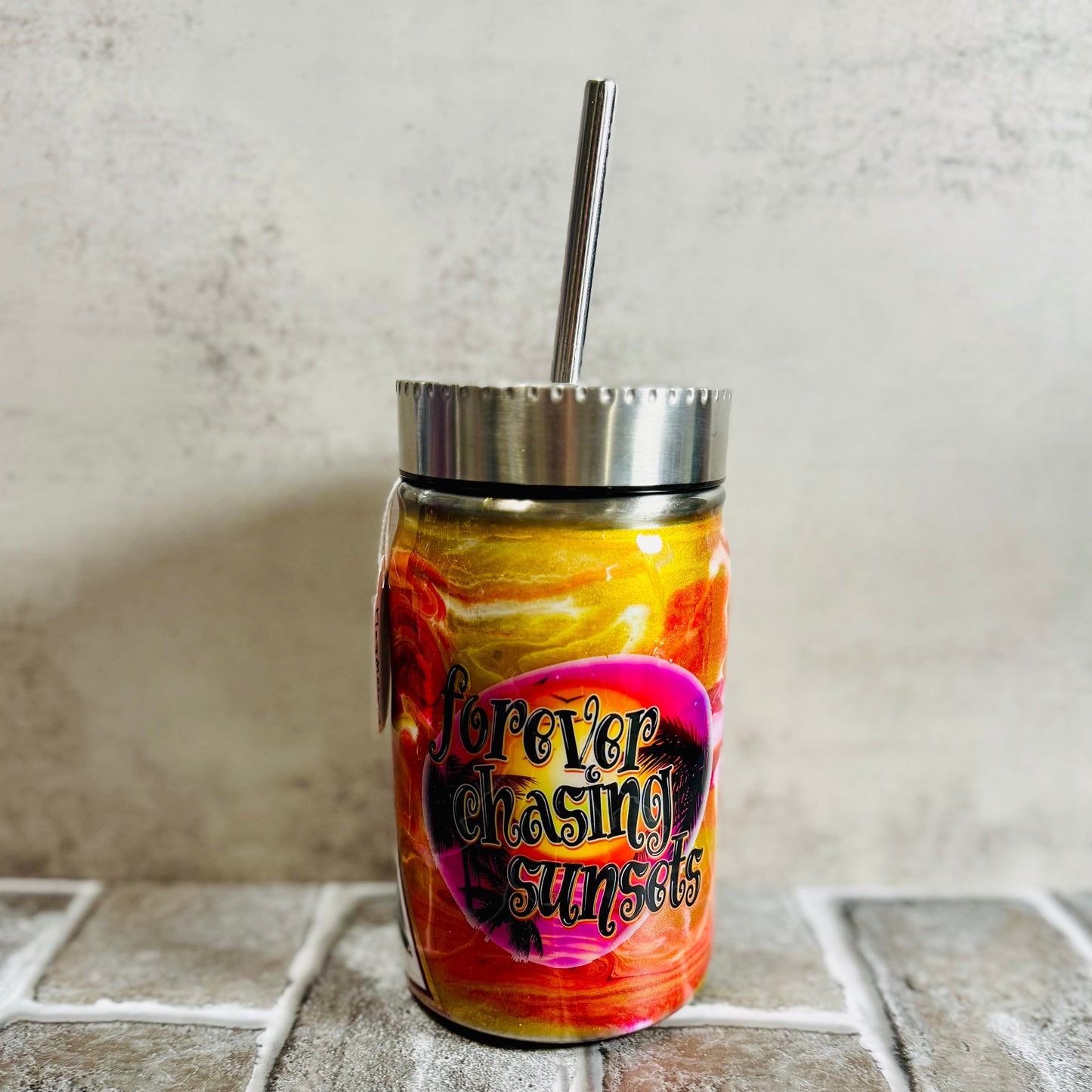 Forever Chasing Sunsets Gecko Splat 17oz Mason Jar Tumbler