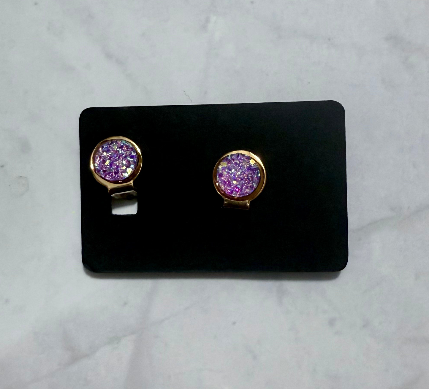 Purple Druzy CLIP ON Stud Earringt