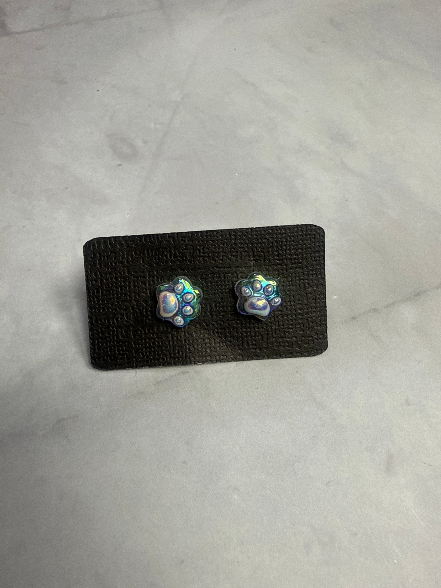 White Iridescent Paw Print Stud Earrings