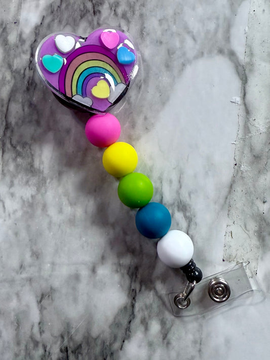Rainbow with 3d Hearts Badge Reel Clip