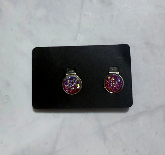 Dark Pink Druzy CLIP ON Stud Earring