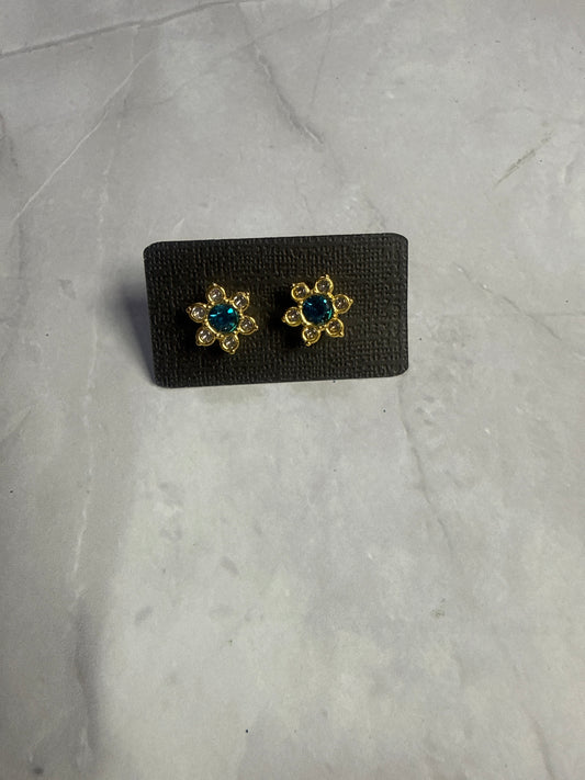 Dark Aqua and Clear Flower Stud Earring