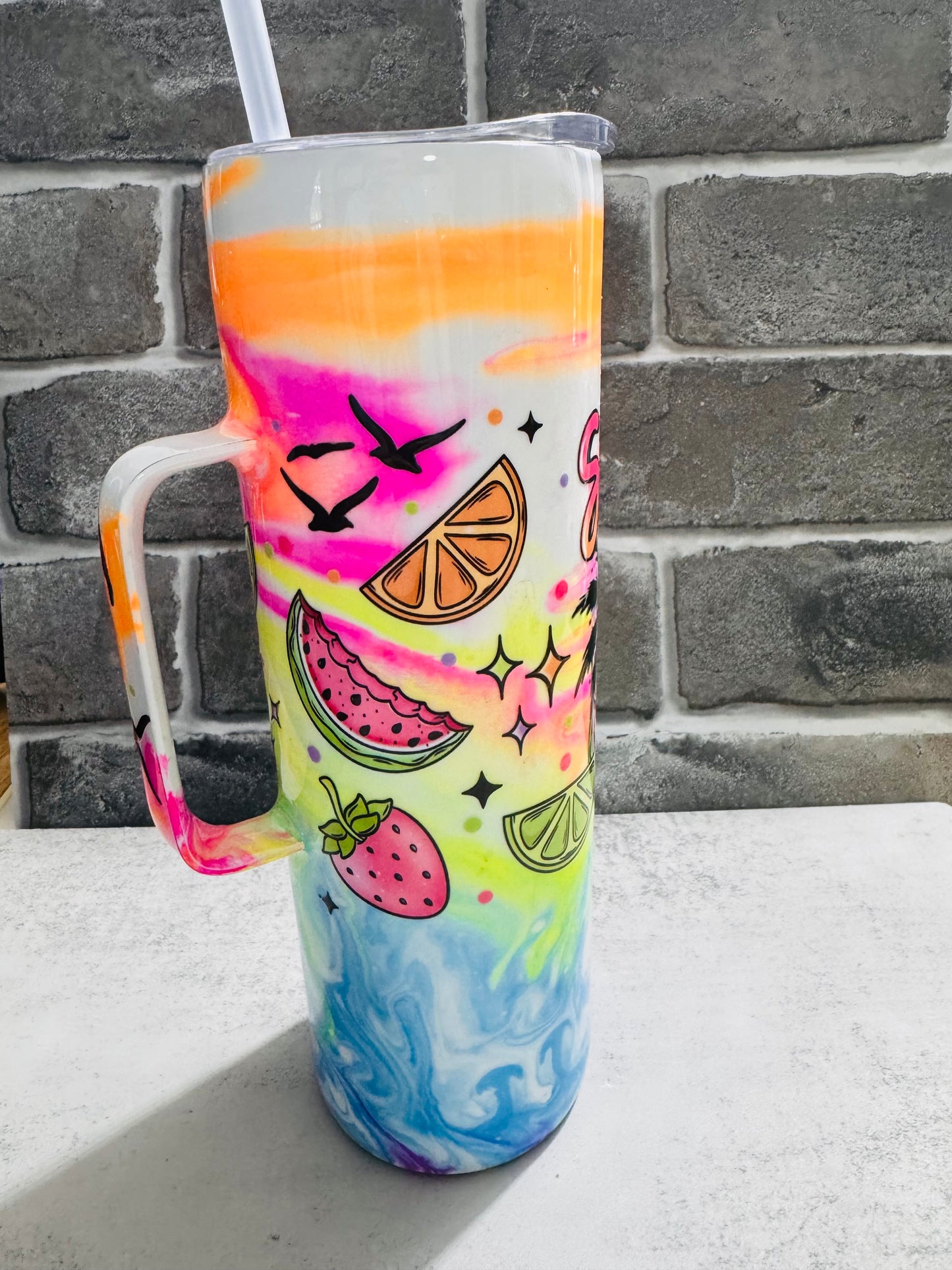 32 ounce handled tumbler- neon summer days