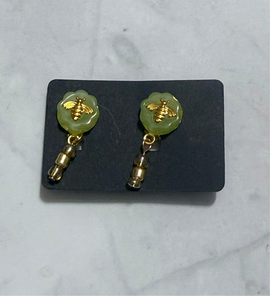 Green Gemstone Bee CLIP ON Dangle Earring