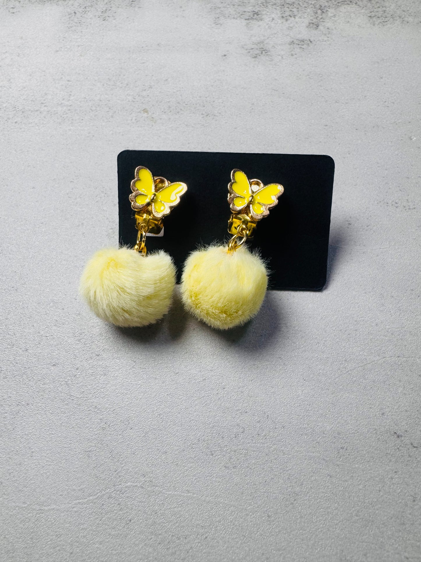 Yellow Butterfly with pompoms CLIP ON Dangle Earring