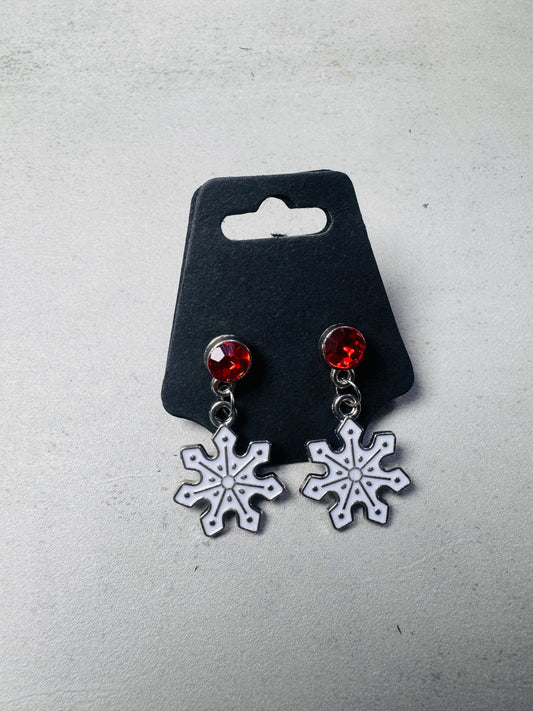White Snowflake on Red CZ Stud Dangle