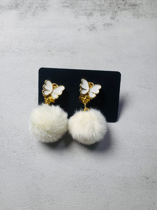 White Butterfly with pompoms CLIP ON Dangle Earring