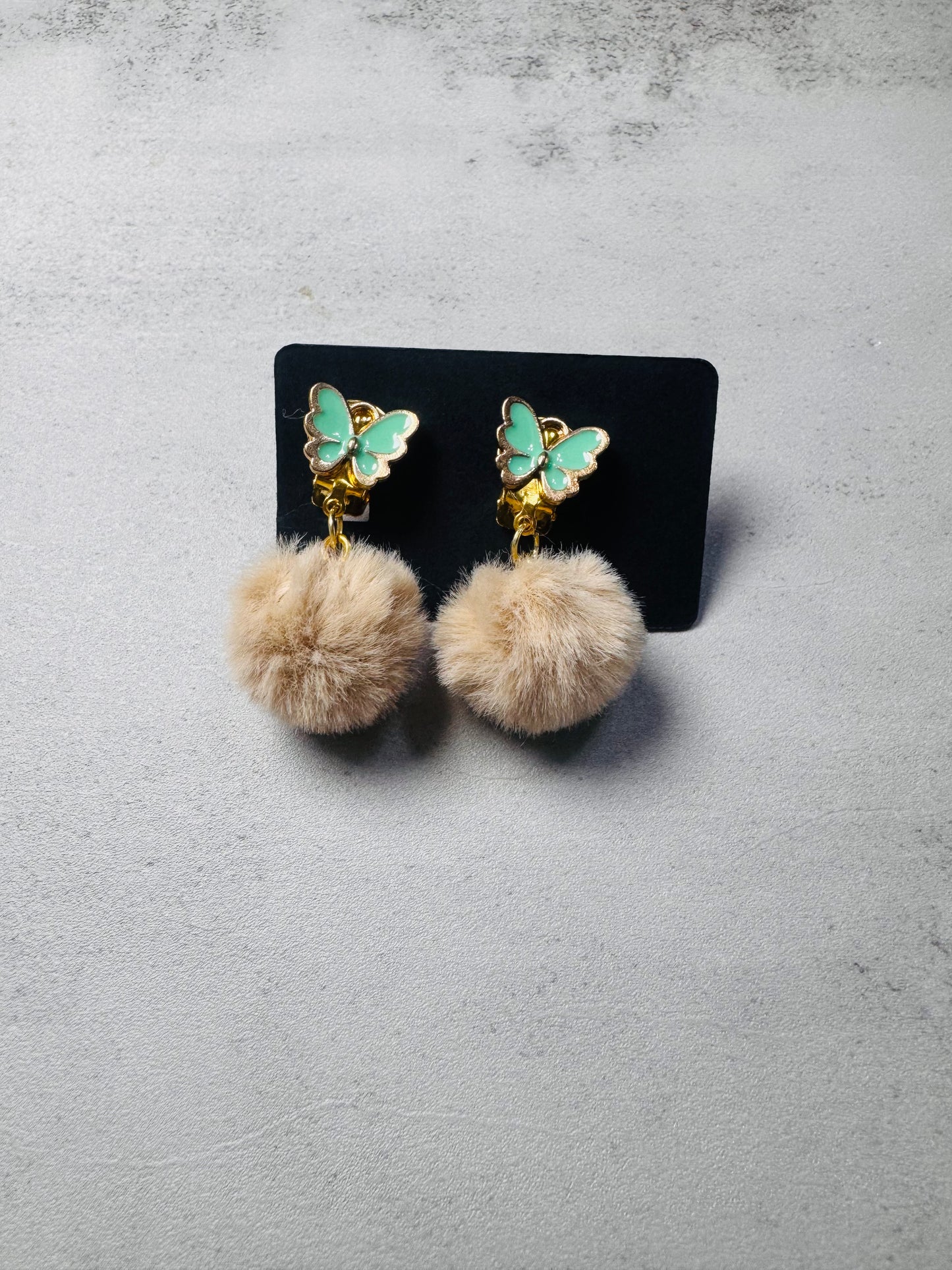 Mint Butterfly with pompoms CLIP ON Dangle Earring