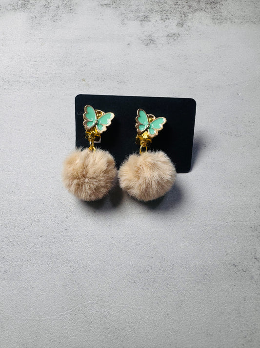 Mint Butterfly with pompoms CLIP ON Dangle Earring