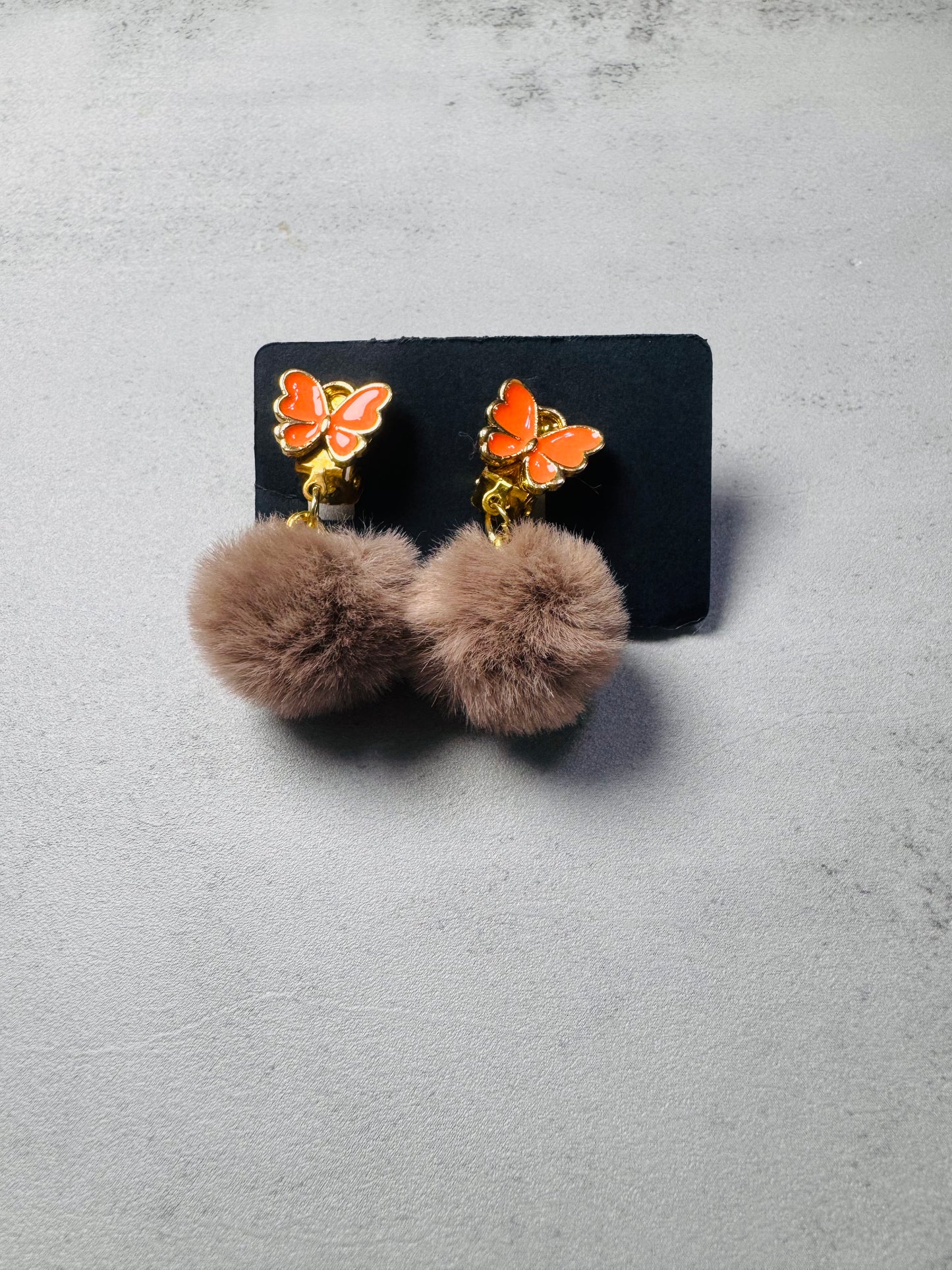 Orange Butterfly with pompoms CLIP ON Dangle Earring