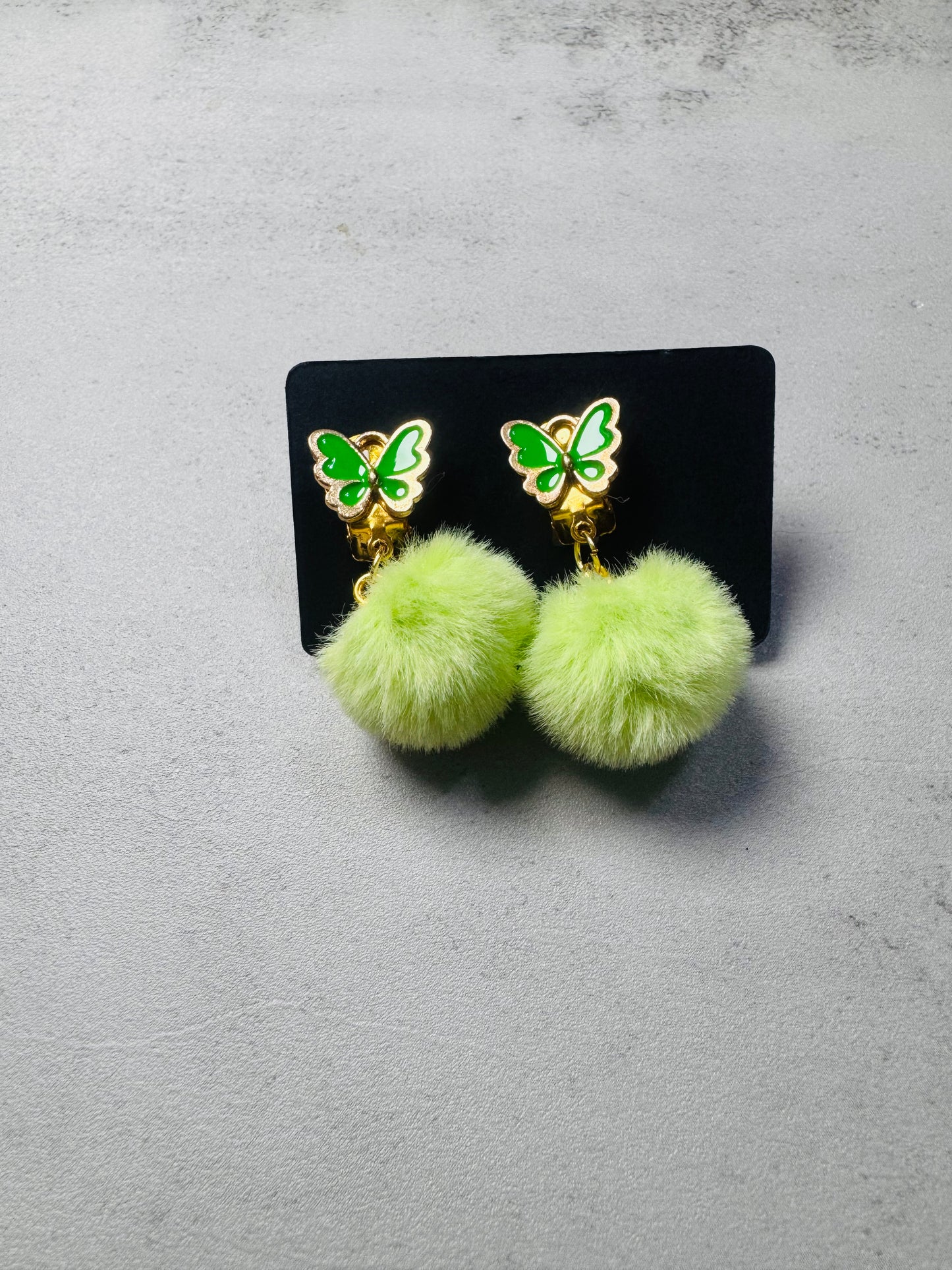 Green Butterfly with pompoms CLIP ON Dangle Earring