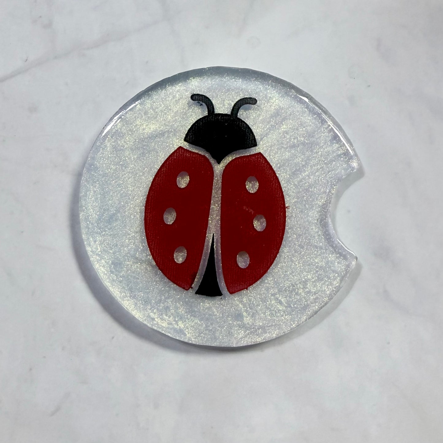 White Iridescent Lady Bug Car Coaster