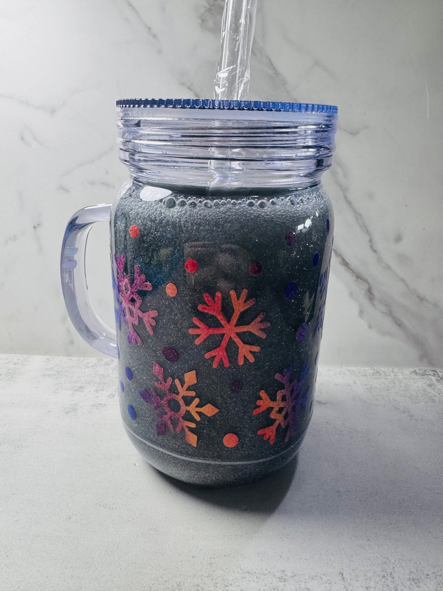 Rainbow Snowflake Temperature Reactive Glitter Acrylic Snowglobe Tumbler