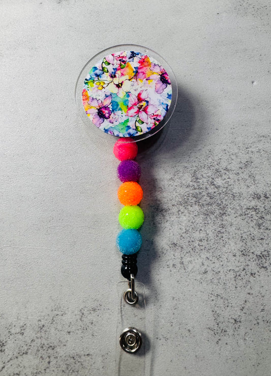 Rainbow Floral v2 Badge Reel with Clip