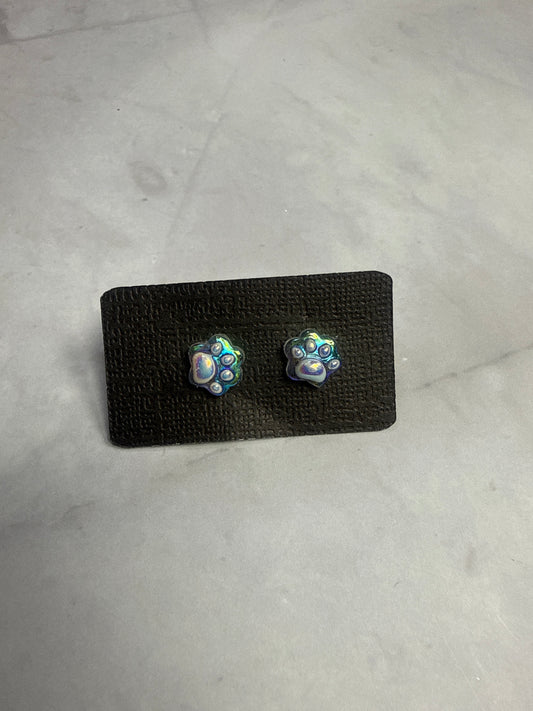 White Iridescent Paw Print Stud Earrings