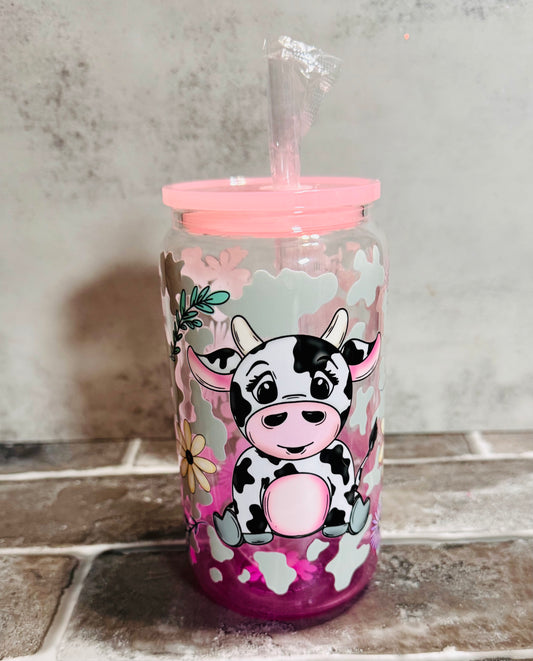 Cute Moo Cow 16oz Pink Ombre Glass Libby