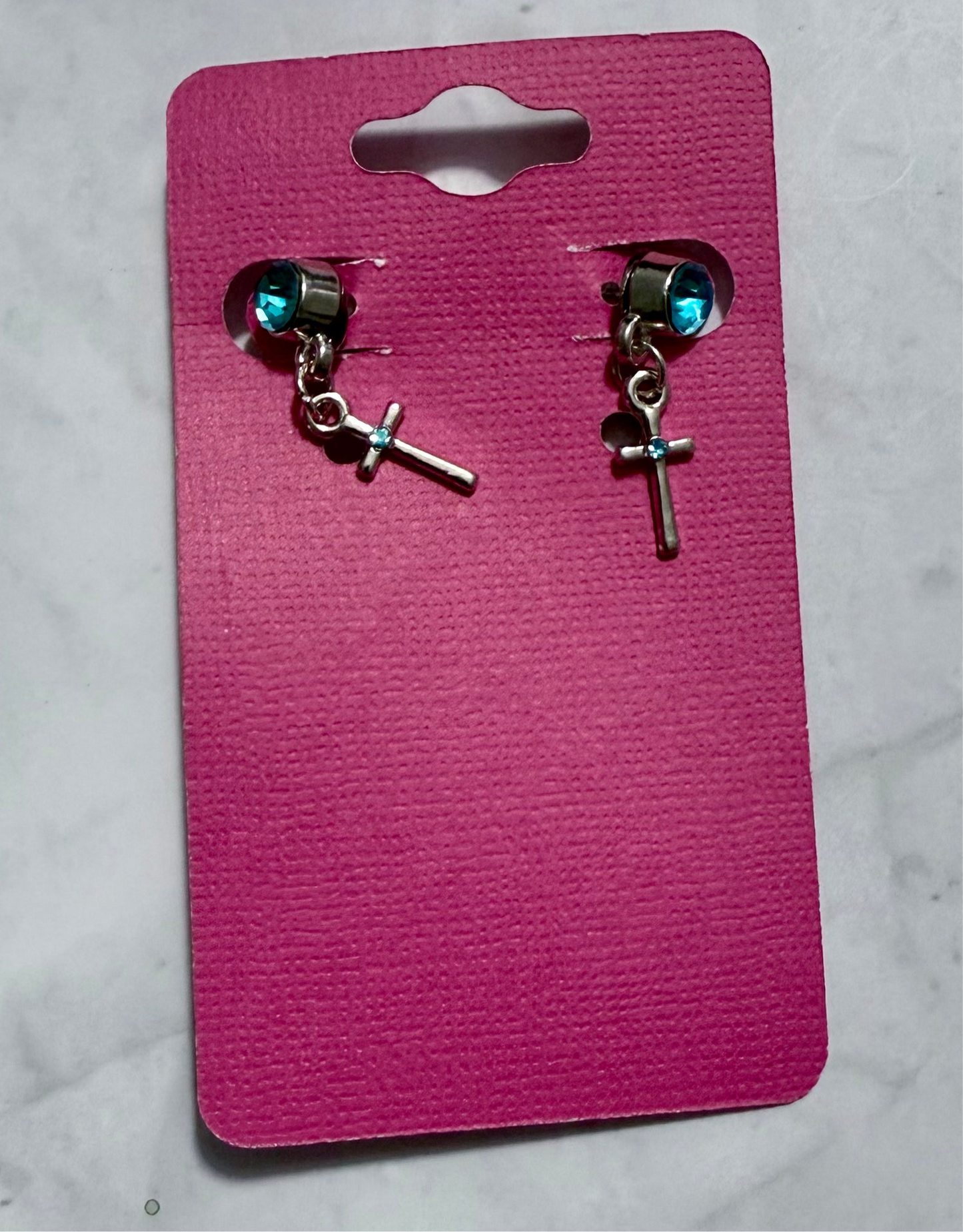Blue Rhinestone Cross Dangle