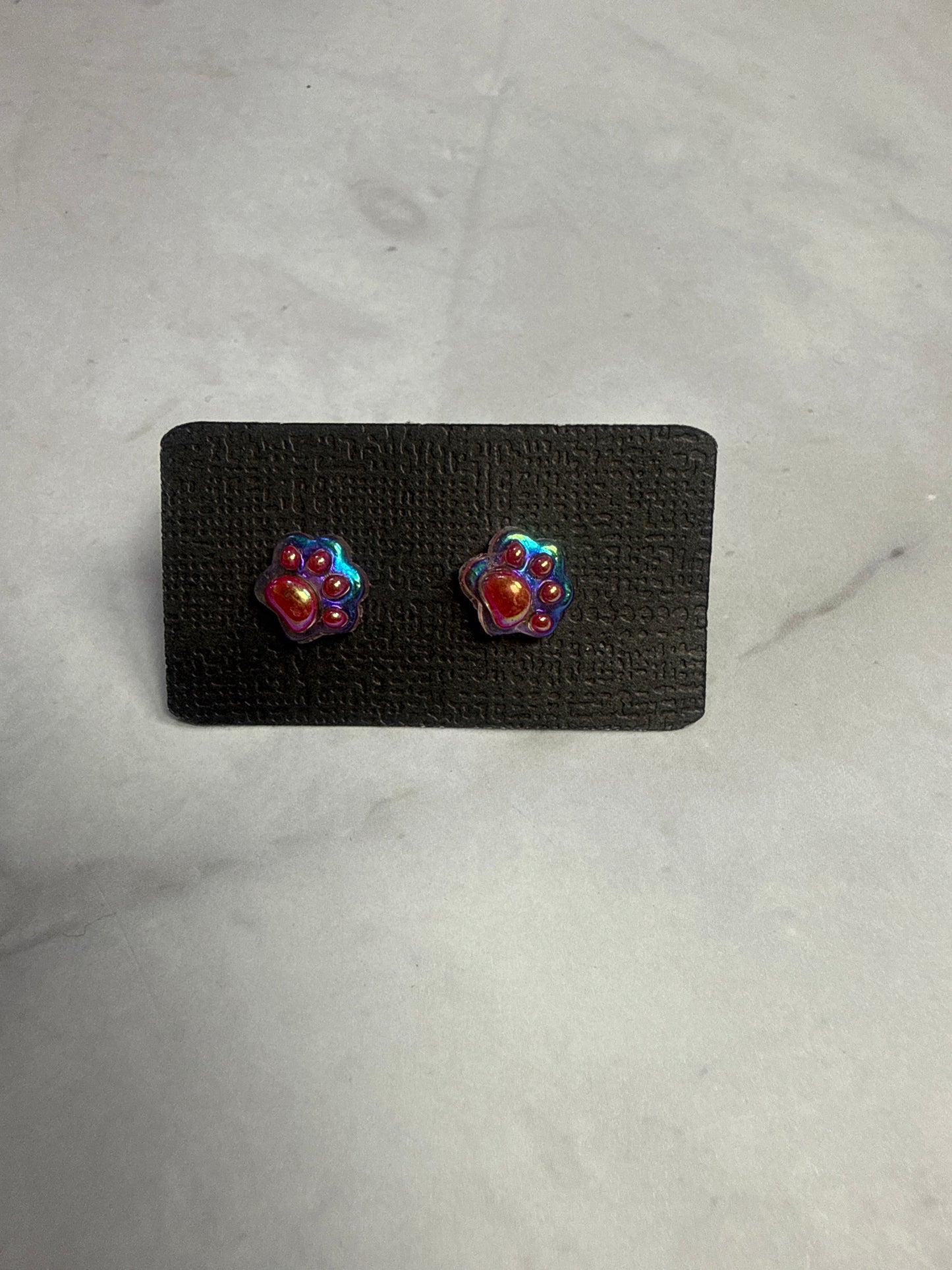 Red Iridescent Paw Print Stud Earrings