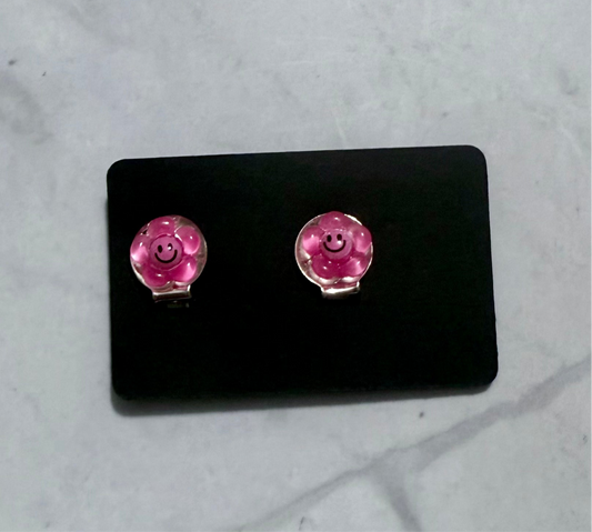 Dark Pink Flower CLIP ON Stud Earring