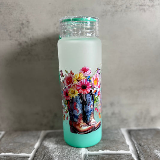 Floral Boots 17oz Glass Aqua Ombre Tumbler