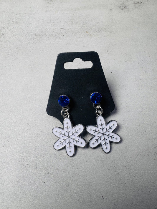 White Snowflake on Blue CZ Stud Dangle