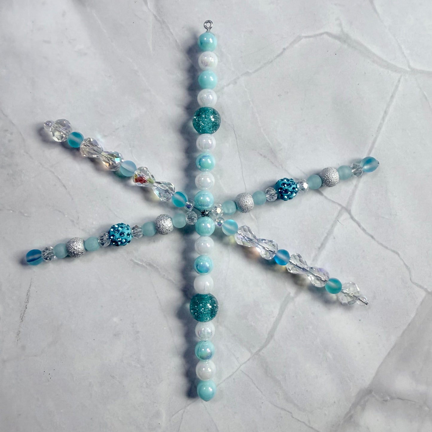 Blue/Silver/White Hand Beaded Snowflake Ornament