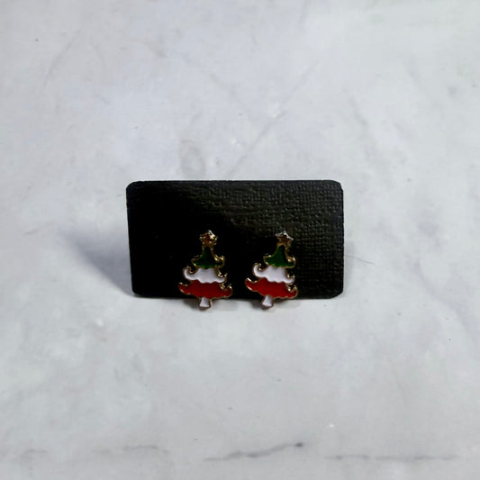 Green/White/Red Metal Tree Stud Earring