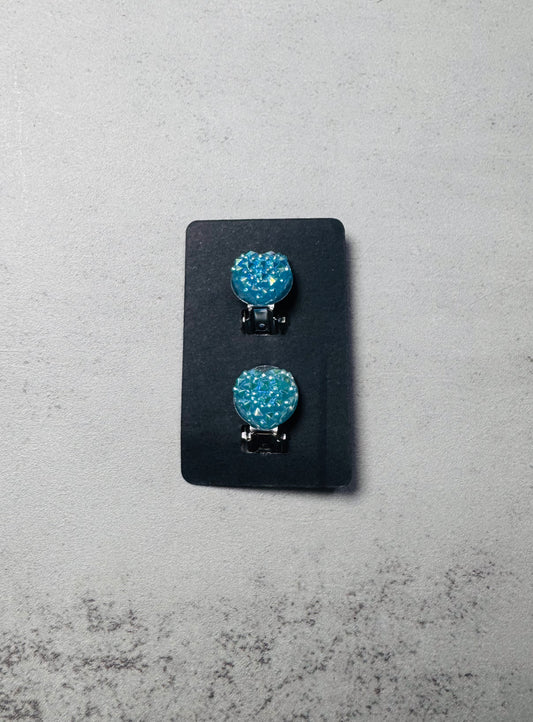 Blue Druzy Heart CLIP ON Stud Earring