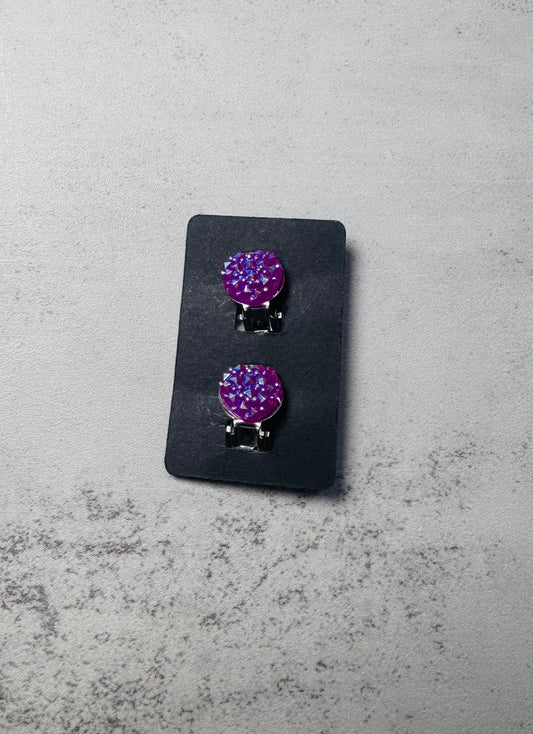 Purple Druzy Heart CLIP ON Stud Earring