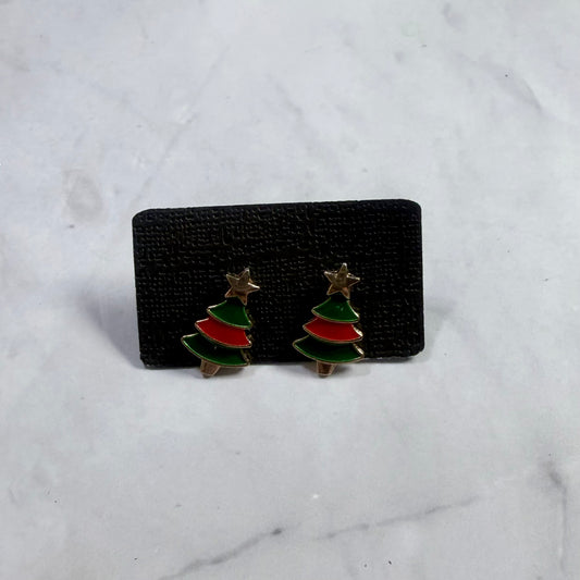 Green/Red Metal Tree Stud Earring