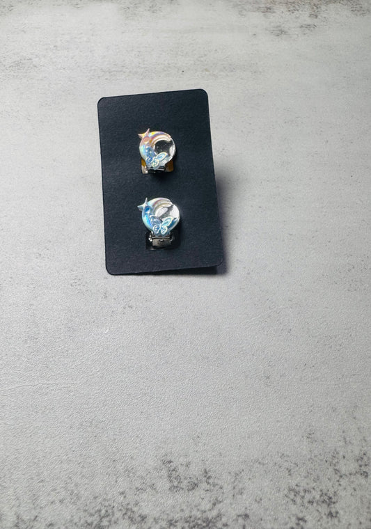Blue butterfly & moon CLIP ON Stud Earring