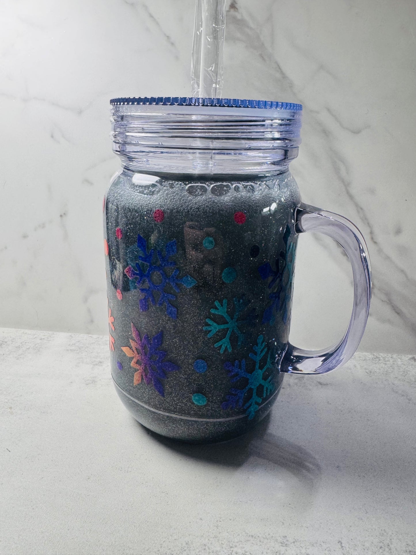 Rainbow Snowflake Temperature Reactive Glitter Acrylic Snowglobe Tumbler