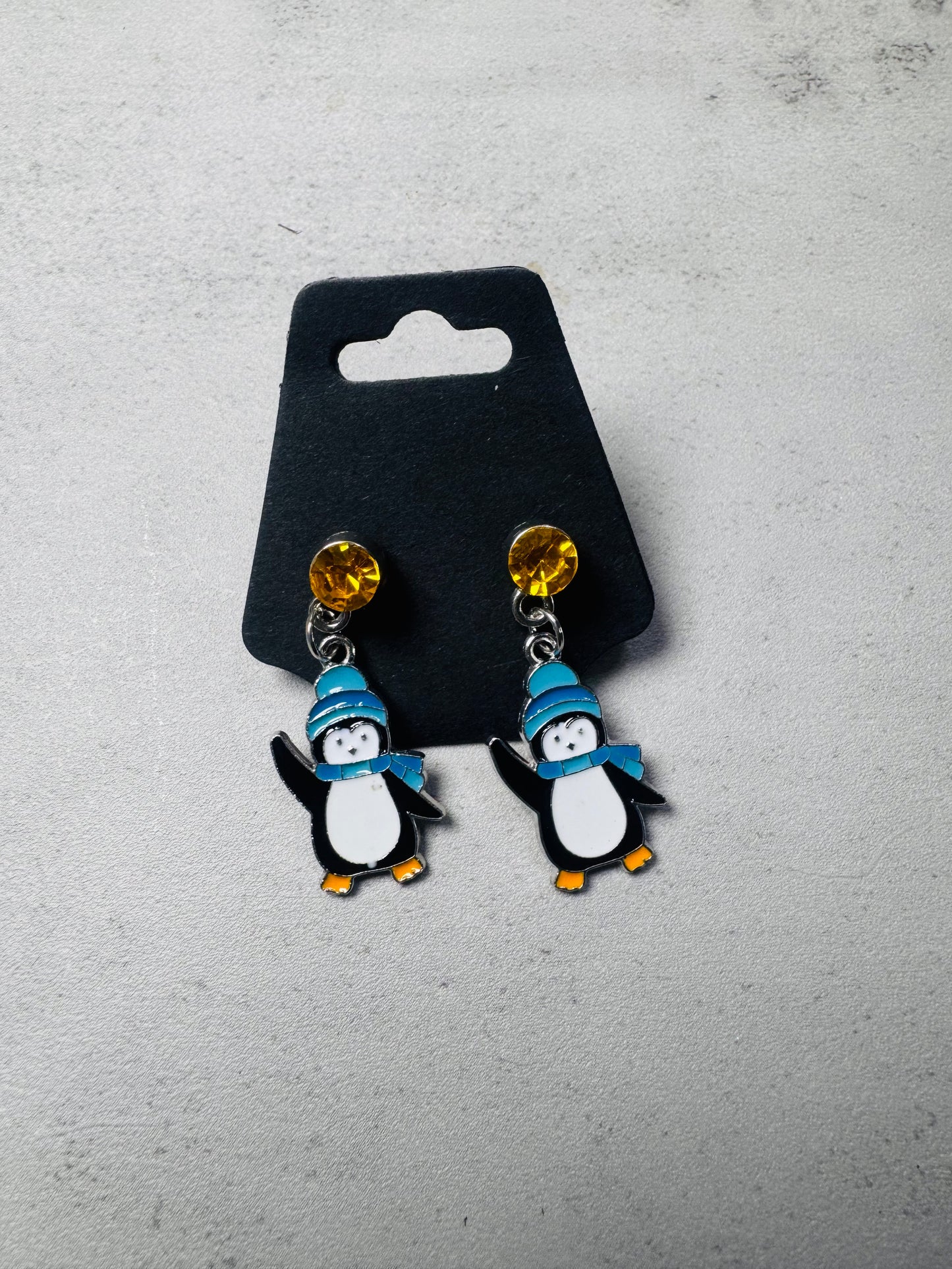 Waving Penguin on Yellow CZ Stud Dangle