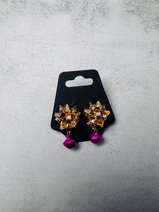 Gold Xmas Bow w/Pink Jingle Bell Dangle