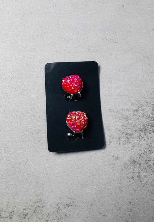 Red Druzy Heart CLIP ON Stud Earring