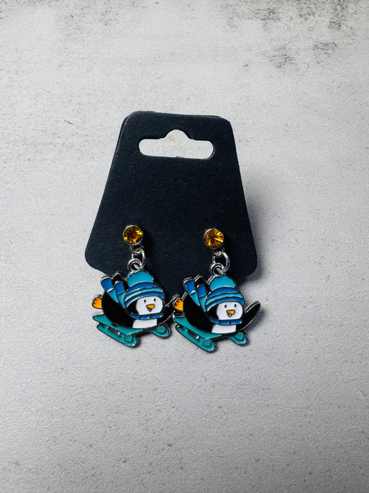 Sledding Penguin on Yellow CZ Stud Dangle