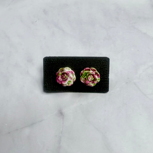 Pink and Green Rose Stud Earring