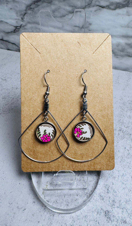 Pink Flower with Large Teardrop Dangle Earring