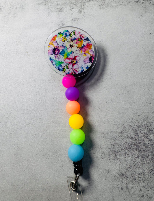 Rainbow Floral v1 Badge Reel with Clip