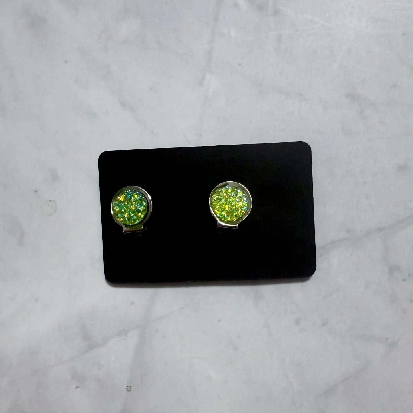 Green Druzy CLIP ON Stud Earring